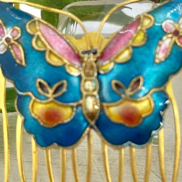 Vintage Enamel Butterfly Floral Hair Comb Gold Blue - Picture 6 of 11